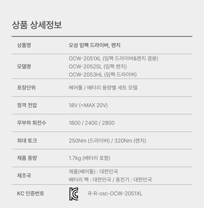 오성 MAX 20V 임팩 드라이버,렌치 겸용 OCW-2051XL 50S [1 BAT] + OMC-2030D + PLASTIC BOX